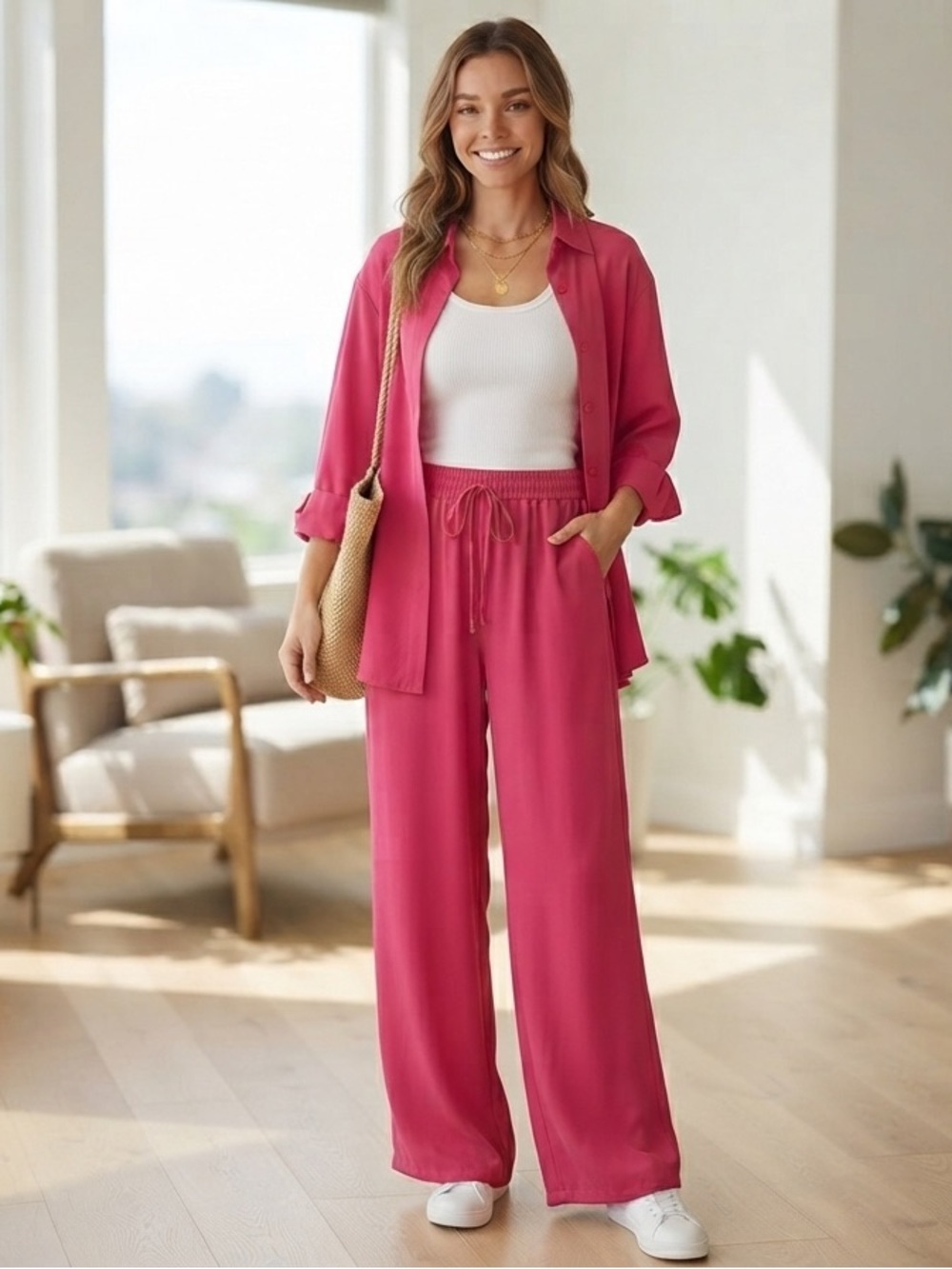 Women's Wide-Leg Drawstring Pants & Shirt Set in Pink